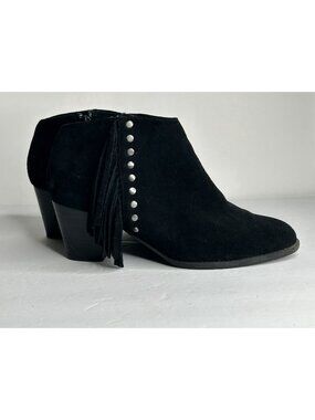 Vionic Boots Womens Size 8W Black Suede Faros Fringe Western Ankle Booties Zip